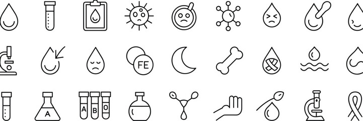 Blood donation and anemia icon set – hemoglobin, blood drop, test tubes, iron deficiency, medical lab, infection, bone health