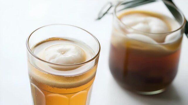 Refreshing Homemade Kombucha with Floating Scoby in Glass on White Surface