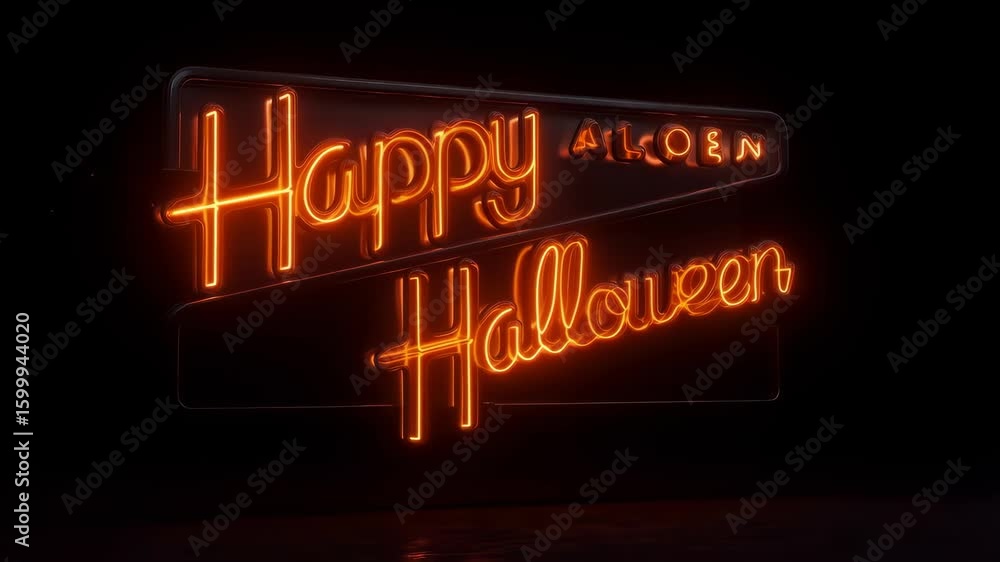 Poster neon halloween text animation with orange glowing cursive letters and reflection on dark background,
