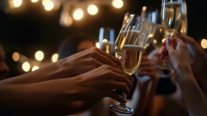 Friends raise champagne glasses for celebration toast at evening party, creating memorable moments with festive string lights and joyful gathering - Powered by Adobe