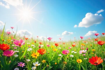 Vibrant wildflowers bloom in a lush meadow under a clear blue spring sky Sunlight filters through the blossoms, creating a magical atmosphere of renewal and growth , fresh, pastoral, pollen