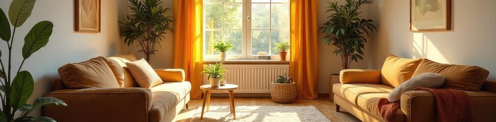 Warm, inviting home interior with comfortable furniture and natural light streaming through a window Perfect for welcoming home, comfort, and relaxation themes , style, interior design, warm