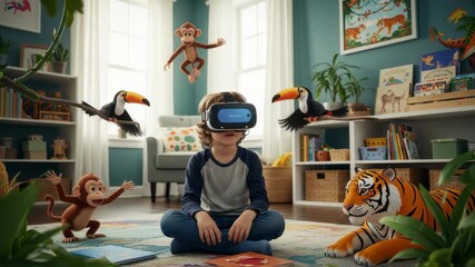 Young boy uses a virtual reality headset to interact with animated jungle animals in a simulated learning environment. - Powered by Adobe