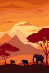 Naklejka premium Savanna and Mountain Sunset Landscape