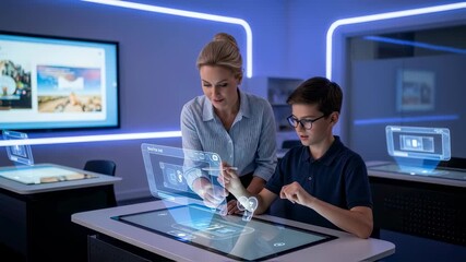 Woman and boy using augmented reality for interactive experience in modern education, future learning footage. - Powered by Adobe