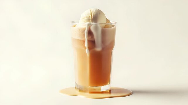 Refreshing Root Beer Float with Vanilla Ice Cream in Clear Glass on White Backdrop
