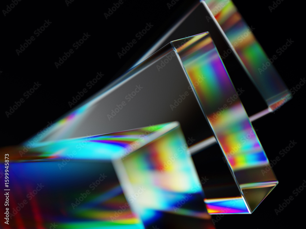 Poster abstract black 3d background with glass transparent rectangular blocks and rainbow light prism effec