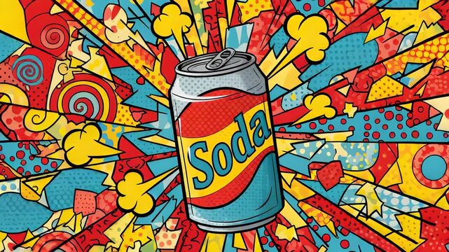 Soda Can Cartoon Illustration with Colorful Abstract Background and Dynamic Bursts