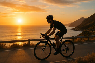 Fototapeta premium Man riding bike at sunset on road. Total characters: .