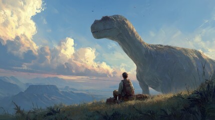 Dinosaur and human observing nature a fantasy illustration