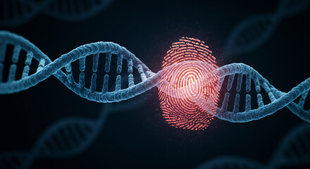 DNA Strand with Red Glowing Fingerprint Representing Genetic Identification and Biometric Security
