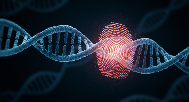 DNA Strand with Red Glowing Fingerprint Representing Genetic Identification and Biometric Security

