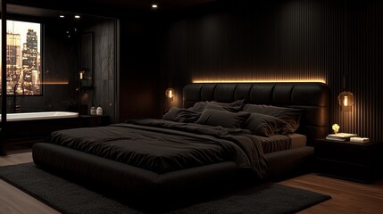 Dark Luxury Cityscape Bedroom Interior Design