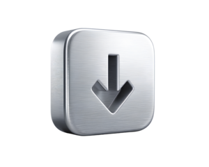 Metallic Download Icon with Inset Arrow and Depth Shadows, Angled Side View, Isolated on Transparent Background PNG