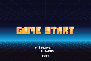 GAME START. pixel art .8 bit game. retro game. for game assets. arcade gaming. Vector illustration.