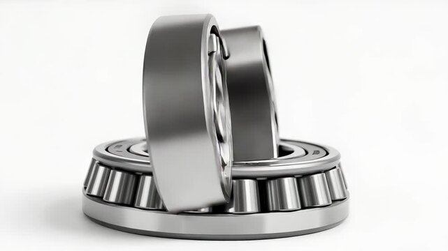 Two Roller Bearings Close Up on White Background in Silver and Gray Metallic Tones Studio Shot