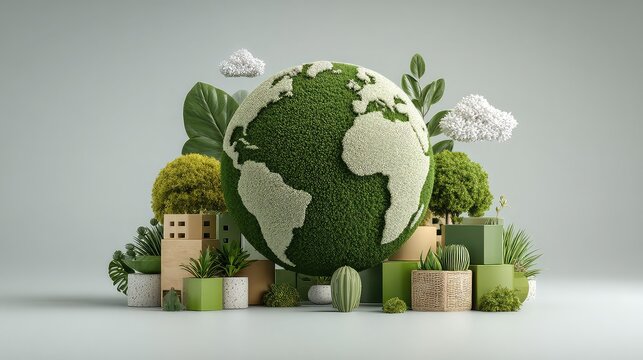 Digital globe surrounded by eco-friendly items illustrates sustainability awareness, green choices, and global responsibility through environmental technology and design.