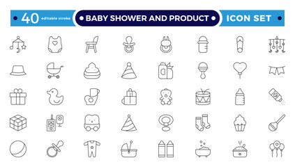 Baby Shower And Product Outline Icon Set. Newborn, diaper, baby bottle, crib, pacifier, toy, pin, bib, first days of life, supplies, healthcare, transportation. Editable stroke outline icon. 
