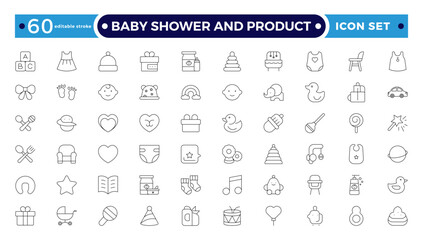 Baby Shower And Product Outline Icon Set. Newborn, diaper, baby bottle, crib, pacifier, toy, pin, bib, first days of life, supplies, healthcare, transportation. Editable stroke outline icon. 
