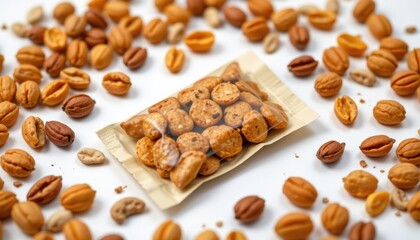 a high resolution, ultra sharp isolated nut packet made from soy protein film, placed on a pure white background with no shadow or minimal soft shadows only
