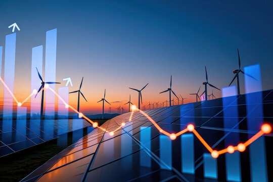 Wind turbines and solar panels with a rising graph overlayed at dusk showing energy production