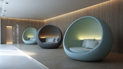Reflective relaxation bubble in soft jade and matte charcoal with floating chaise pods recessed ambient light sources and volumetric