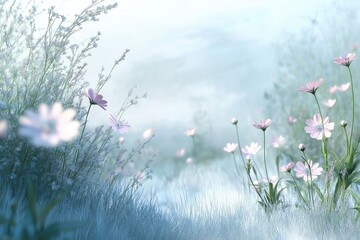 An ethereal spring landscape with flowers in soft pastel shades, gently swaying in the breeze, surrounded by the peaceful sounds of nature.