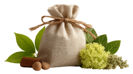 Eco-friendly herbal sachet bag surrounded by natural ingredients like green leaves, wooden sticks, and blooming flowers on white background. Aromatherapy or organic cosmetic concept with rustic and su