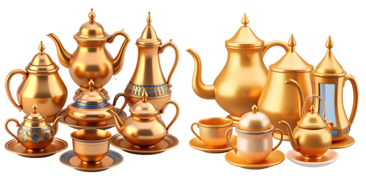 3D Plastic Style Golden Arabian Tea Set Isolated on Transparent Background with Decorative Elements and Metallic Shine