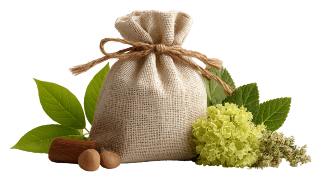 Eco-friendly herbal sachet bag surrounded by natural ingredients like green leaves, wooden sticks, and blooming flowers on white background. Aromatherapy or organic cosmetic concept with rustic and su
