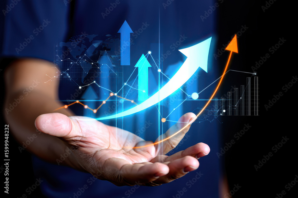 Poster hand holding digital growth graph with upward arrows and connected dots on a dark background