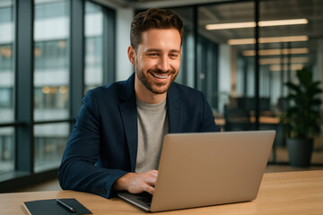 Fototapeta premium Man sitting at table using laptop.