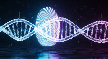 A luminous DNA double helix glows with blue and purple colors against a starry space background, creating a sci-fi genetic visualization with bright light effects.