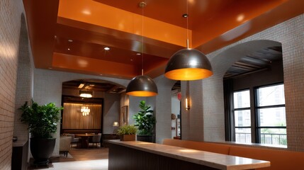 Retro-modern suite with orange lacquer ceiling and brushed metal dome lights beige geometric wallpaper and tweed textures cinematic lighting