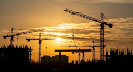 Towering cranes silhouette against a dramatic sunset sky over a sprawling construction site