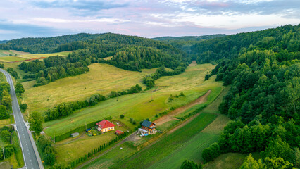 Aerial view of a green valley in the Bieszczady Mountains with scattered houses, forests, and fields. Picturesque landscape with a road and rolling hills at sunset.
