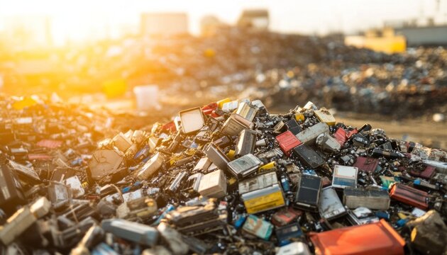 Huge pile of electronic waste polluting the environment at sunset