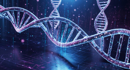 Multiple translucent DNA double helix strands with glowing blue and pink colors float in a futuristic digital space with sparkling particles and grid lines.