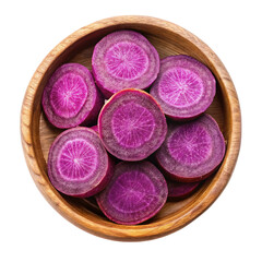 purple sweet yam slice in wooden bowl top view isolated on transparent background