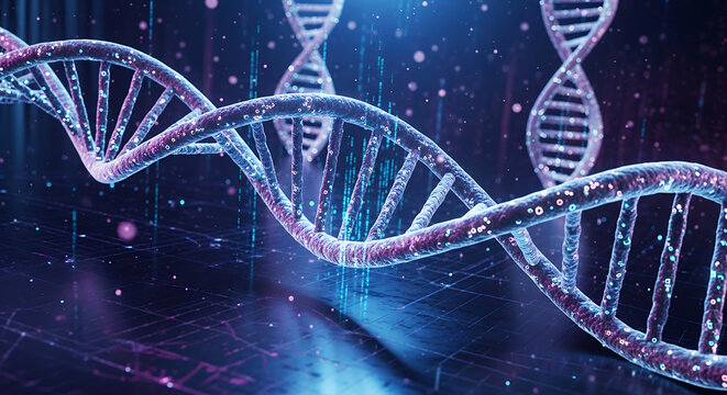 Multiple translucent DNA double helix strands with glowing blue and pink colors float in a futuristic digital space with sparkling particles and grid lines.