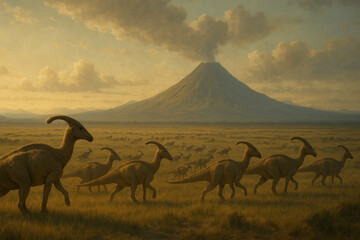 Fototapeta premium Herd of dinosaurs walking across field.