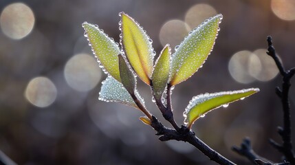 Dew-kissed jasmine leaves emerging in early spring, glowing in the soft morning sunlight. The delicate leaves are vibrant, contrasting with the dark twigs .