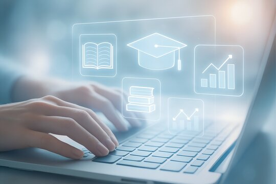 Hands type on a laptop with educational icons, representing online learning and academic success.
