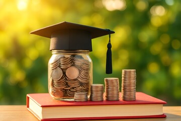 Graduation cap rests on a jar of coins, symbolizing education savings and financial planning for future success.