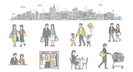 Obraz premium Illustrations of people engaged in various everyday activities including shopping and leisure in an urban setting