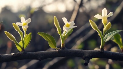 Delicate and vibrant, fresh jasmine leaves are just emerging in the early spring. The branches are black in contrast to the warm glow generated by the soft sunshine that strikes them at an angle.