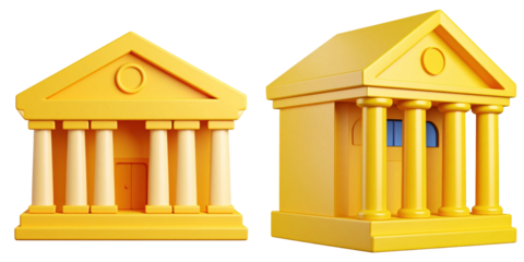 Golden 3D Plastic Style Museum Building Icon Isolated On Transparent Background Featuring Architectural Columns and a Classic Design