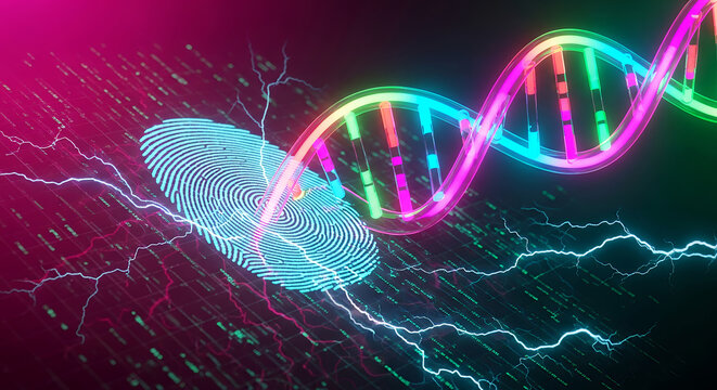 Futuristic scan of a DNA fingerprint with vibrant neon colors and electric sparks.