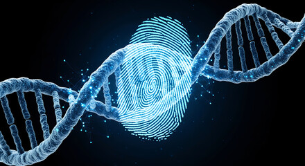 Digital DNA strand intertwined with glowing fingerprint on dark background representing genetic identity and biometrics
