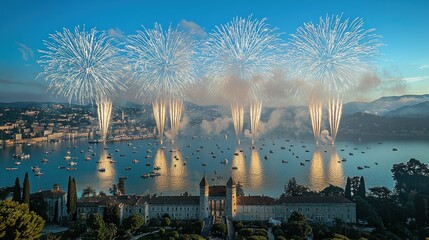 Spectacular Fireworks Display Over Coastal City at Night